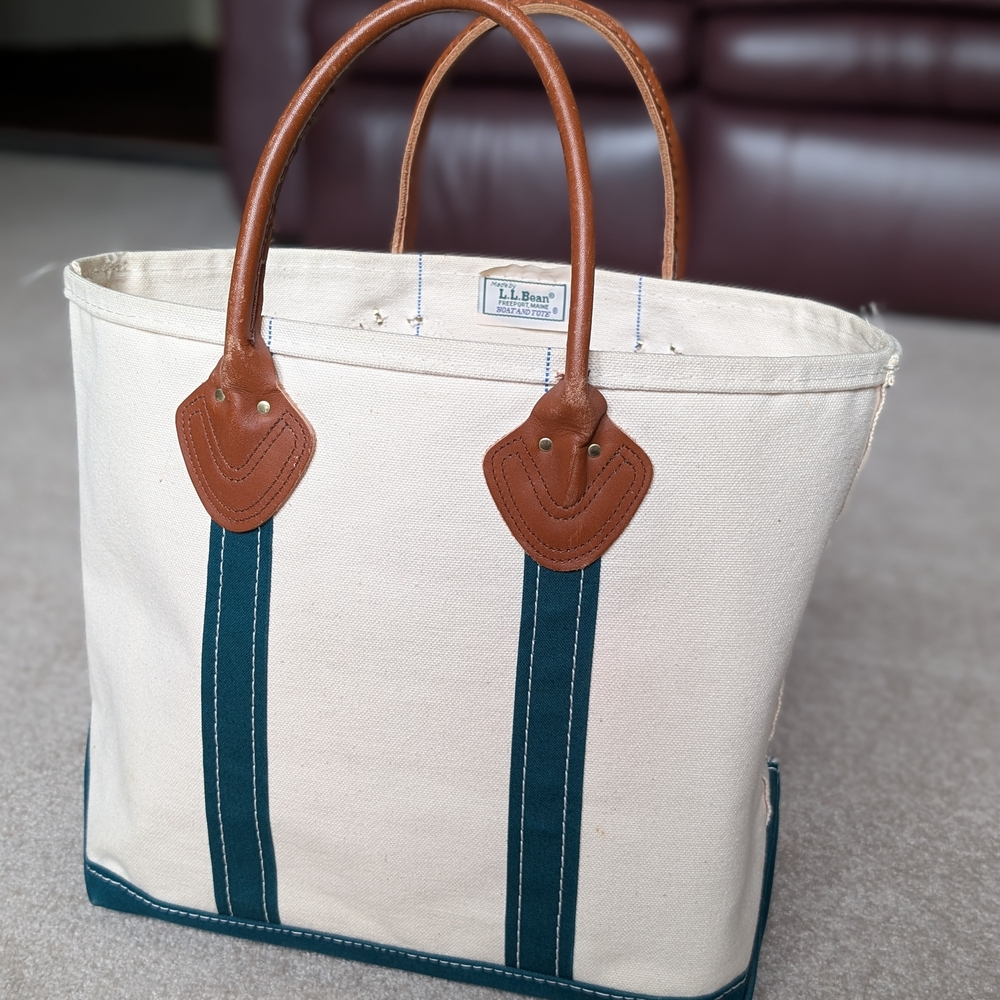 1980's L.L. Bean Canvas Tote Bag with Leather Handles